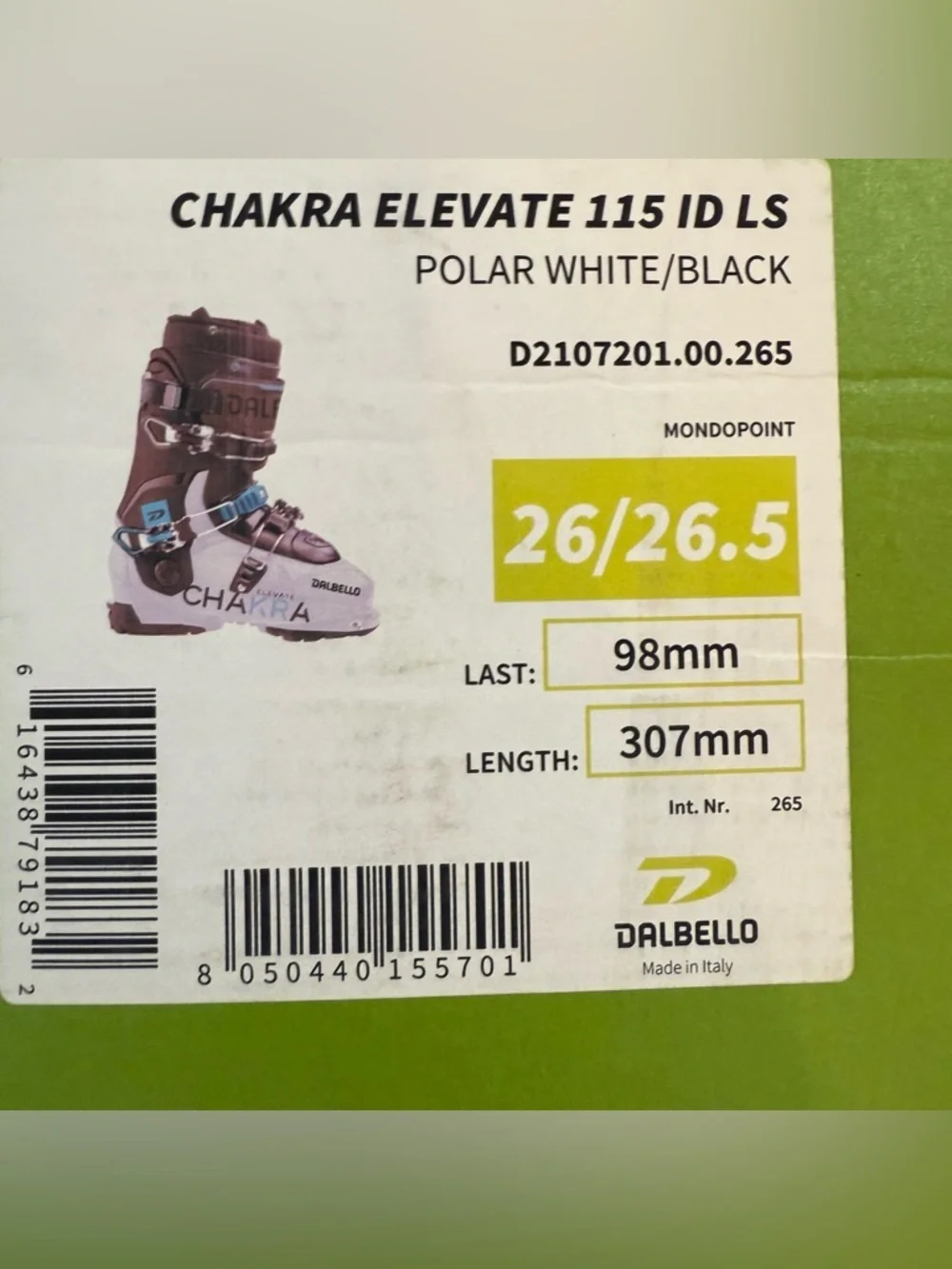 NWT DALBELLO Polar White & Black Chakra Elevate 115 T.I. ID Ski Boot